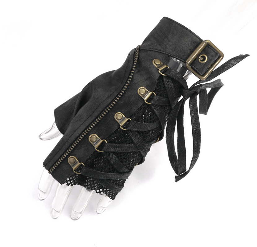 Punk lace-up mesh faux leather half gloves for men with decorative zip and bronze rivets, stylish accessory