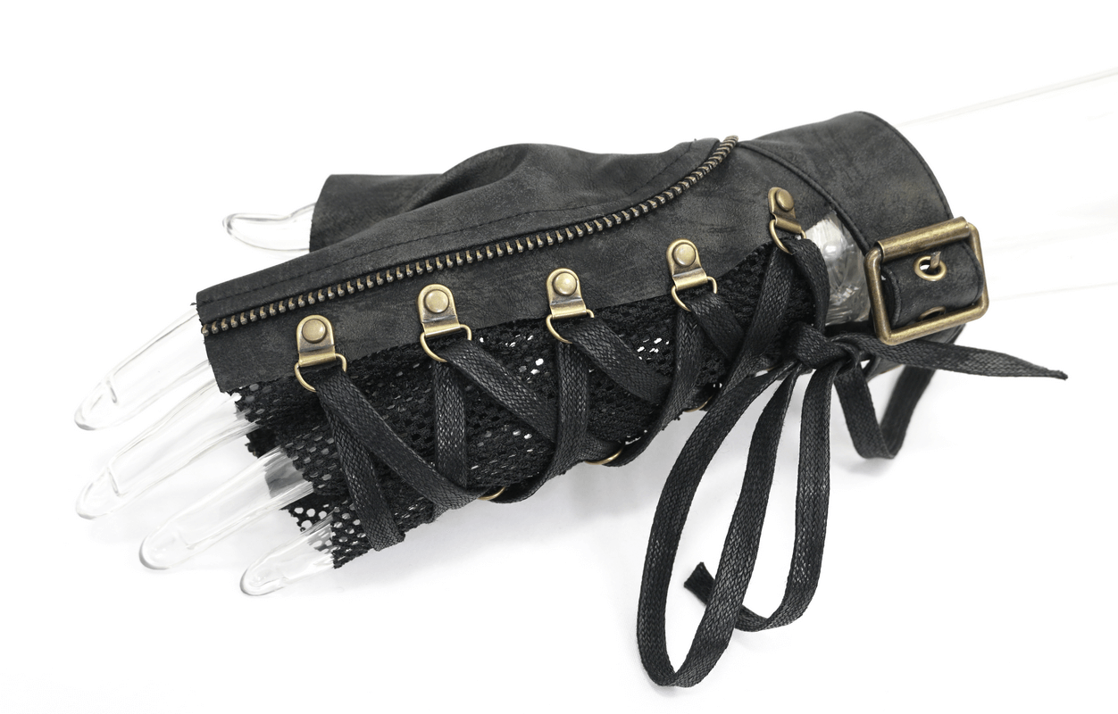 Punk Lace-up Mesh Faux Leather Half Gloves / Men's Gloves with Buckle and Decorative Zip - HARD'N'HEAVY