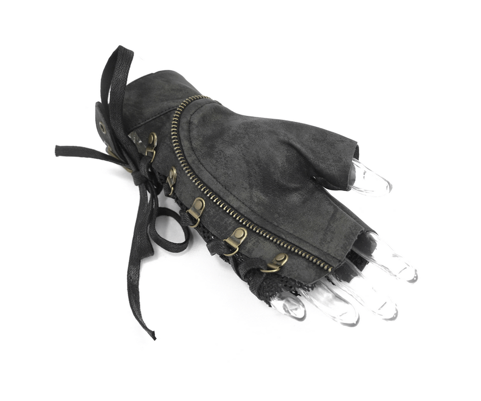 Punk Lace-up Mesh Faux Leather Half Gloves / Men's Gloves with Buckle and Decorative Zip - HARD'N'HEAVY