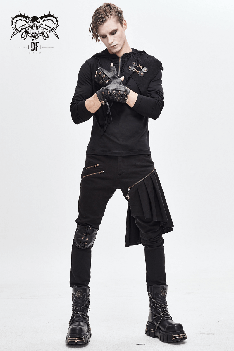 Stylish model in punk fashion wearing lace-up mesh faux leather half gloves with rivets and decorative zip.