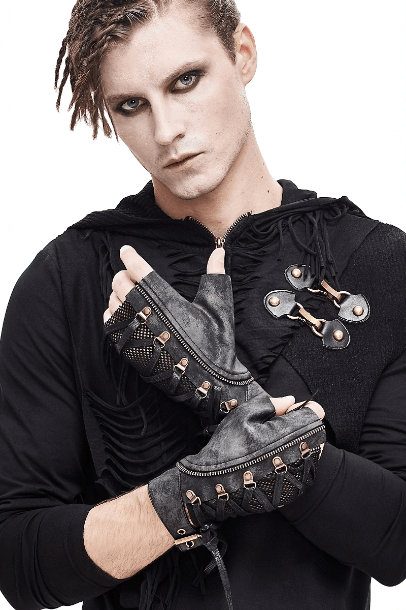 Punk men's black half gloves with rivets and mesh design, a stylish accessory for a trendy punk look.