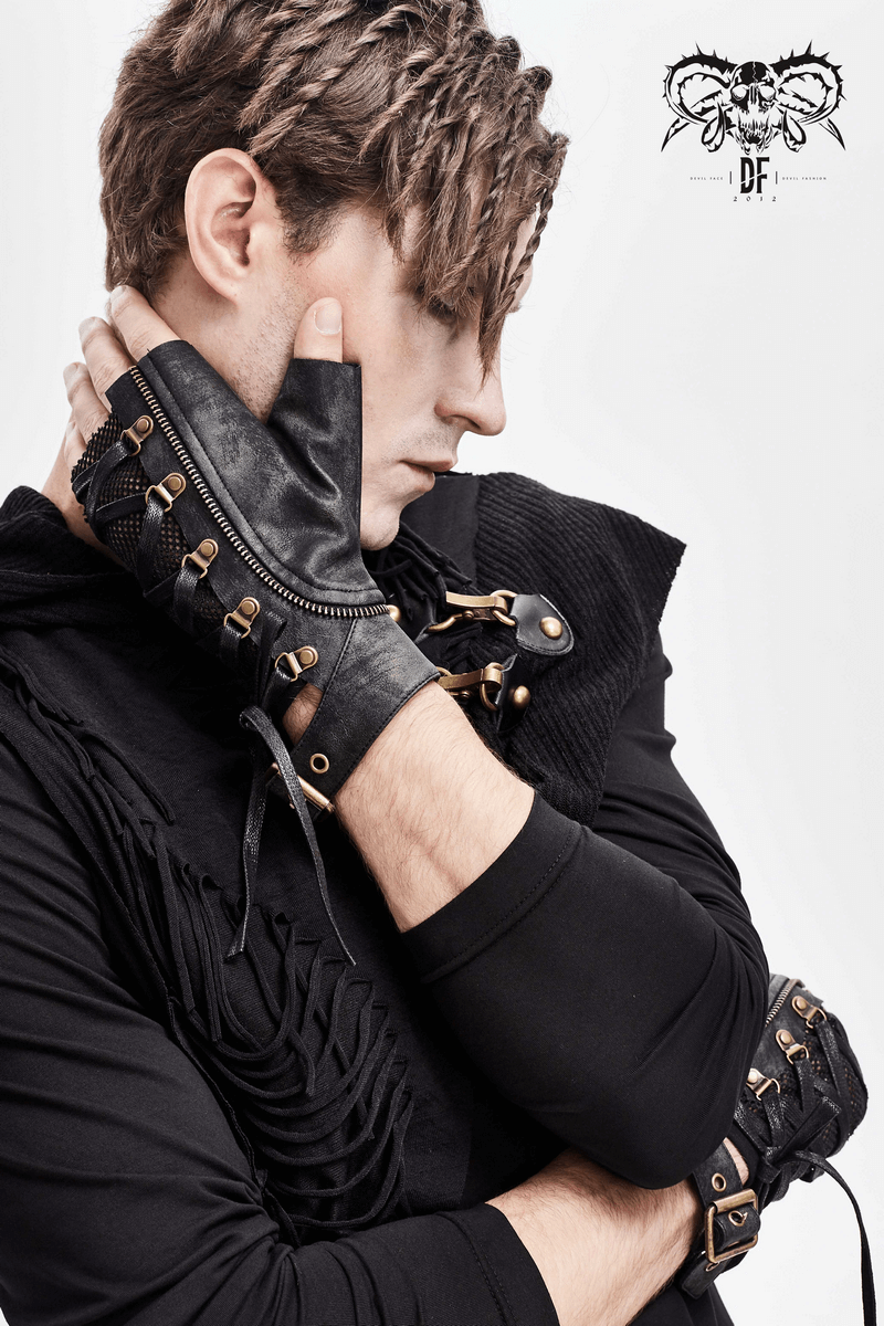 Punk men's black gloves with buckle and rivets, showcasing a stylish look and mesh details.