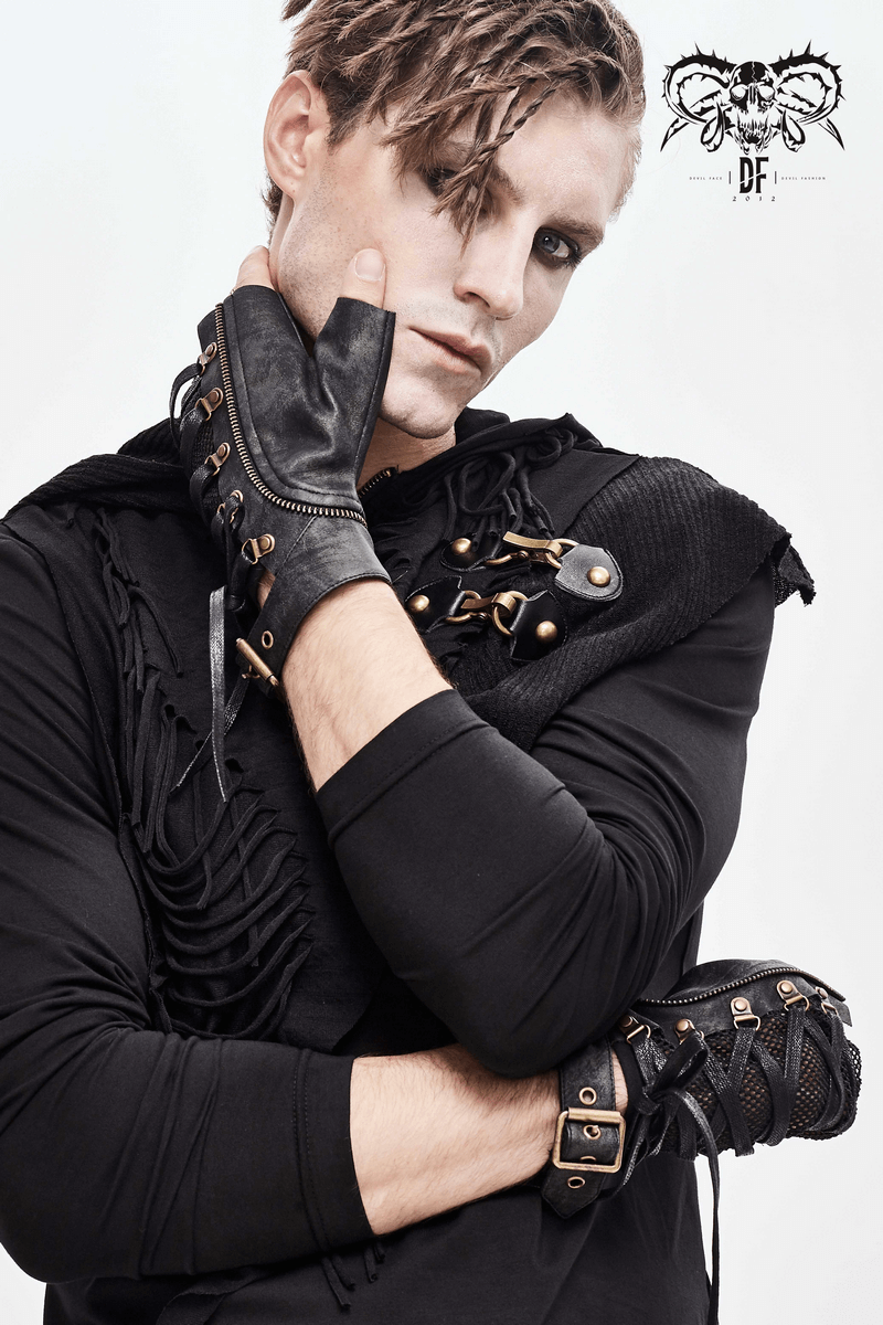 Punk style men's half gloves featuring decorative zip and bronze rivets, perfect edgy accessory for a stylish look.