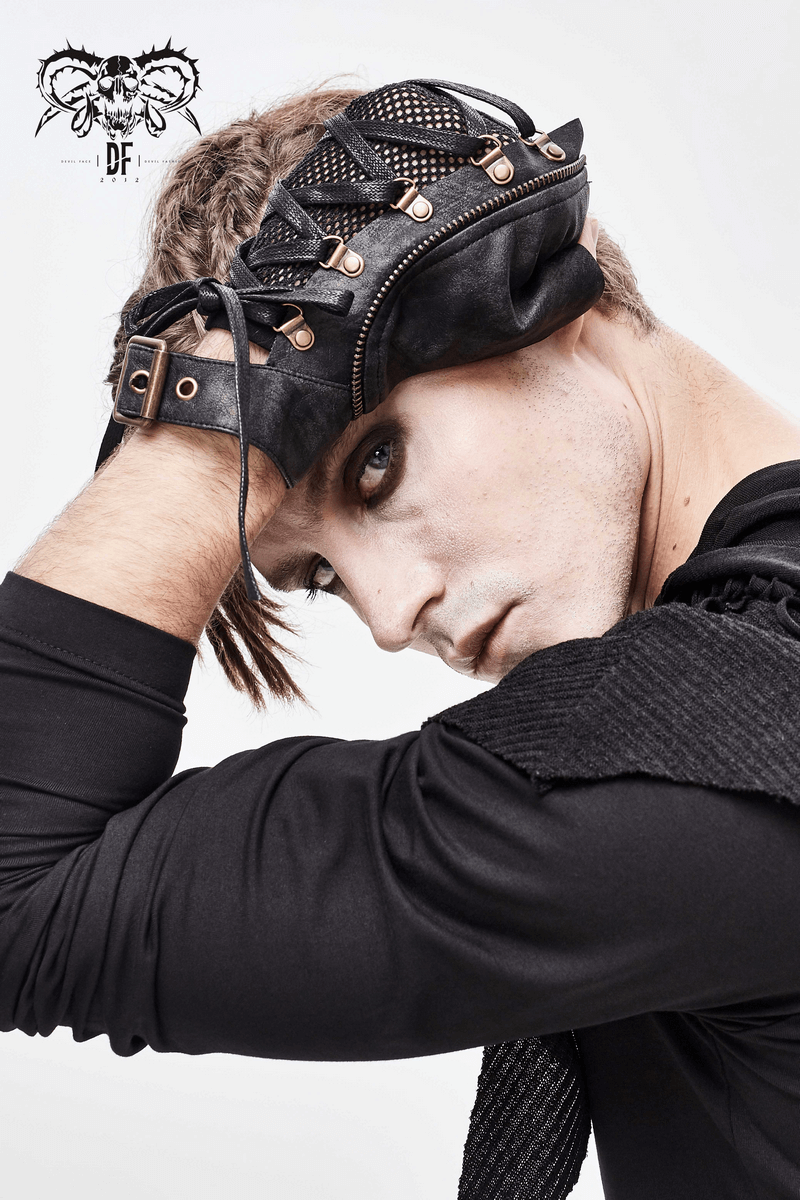 Punk style men's half gloves with decorative zip and rivets, showcasing a model's edgy look.