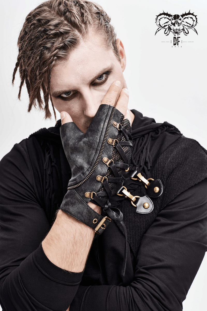 Punk Lace-up Mesh Faux Leather Half Gloves / Men's Gloves with Buckle and Decorative Zip - HARD'N'HEAVY