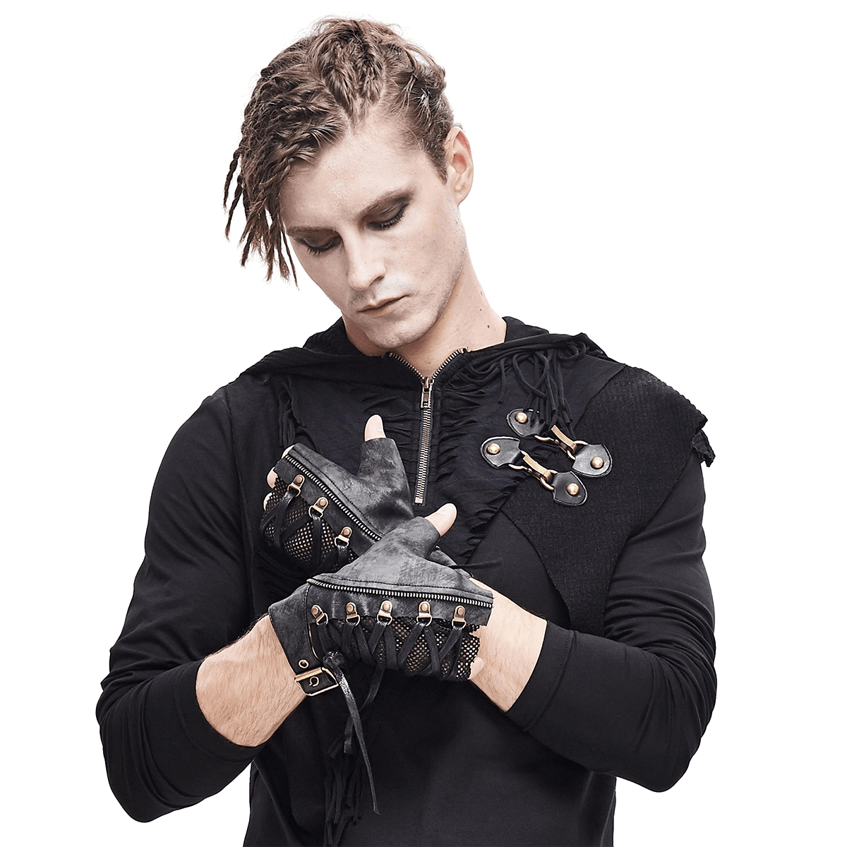 Punk Lace-up Mesh Faux Leather Half Gloves / Men's Gloves with Buckle and Decorative Zip - HARD'N'HEAVY