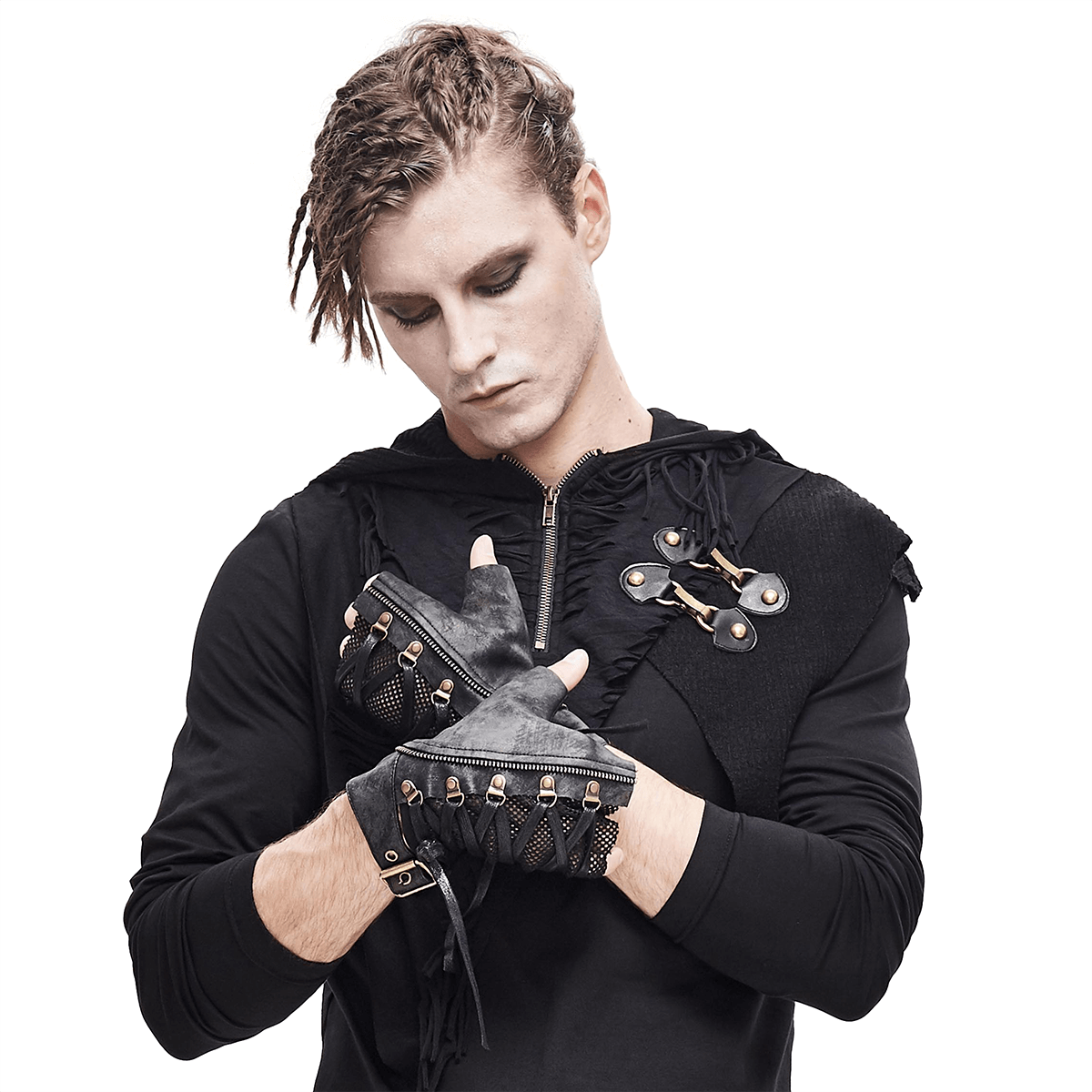 Men's punk lace-up black mesh faux leather gloves with rivets and decorative zip, stylish fashion accessory.