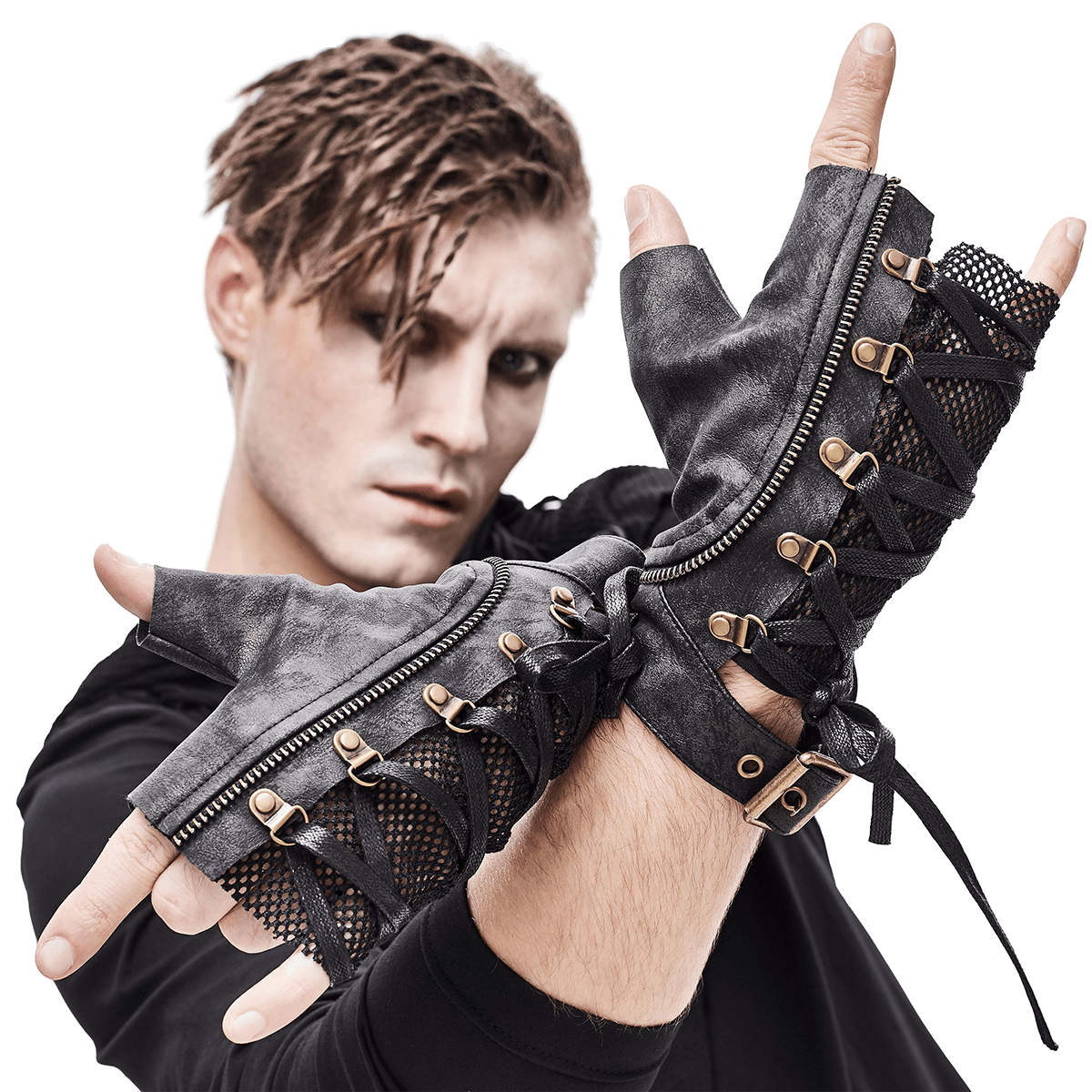 Punk Lace-up Mesh Faux Leather Half Gloves / Men's Gloves with Buckle and Decorative Zip - HARD'N'HEAVY