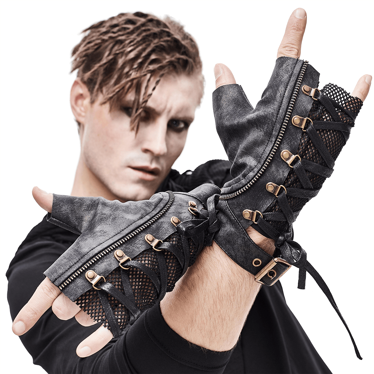 Men's punk lace-up half gloves in black faux leather with decorative zip and rivets, perfect for a trendy accessory look.