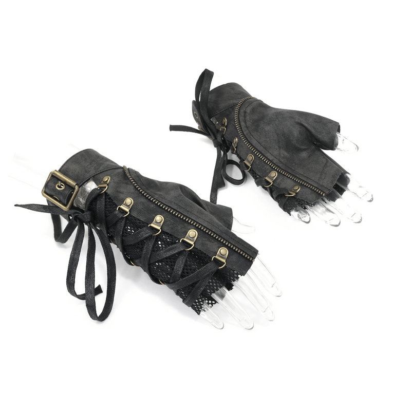 Men's punk lace-up half gloves in black faux leather with decorative zip and rivets, stylish accessory for edgy looks.
