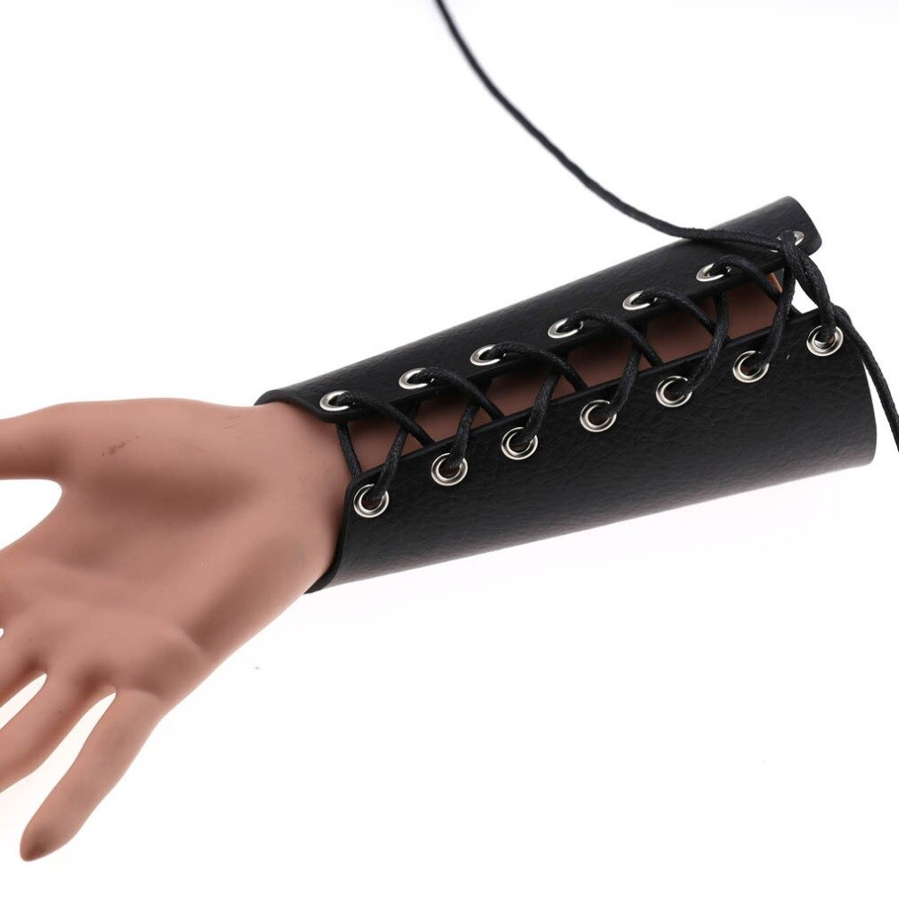 Punk style unisex black PU leather bracelet with lace-up design and silver rivets showcased on a mannequin hand.