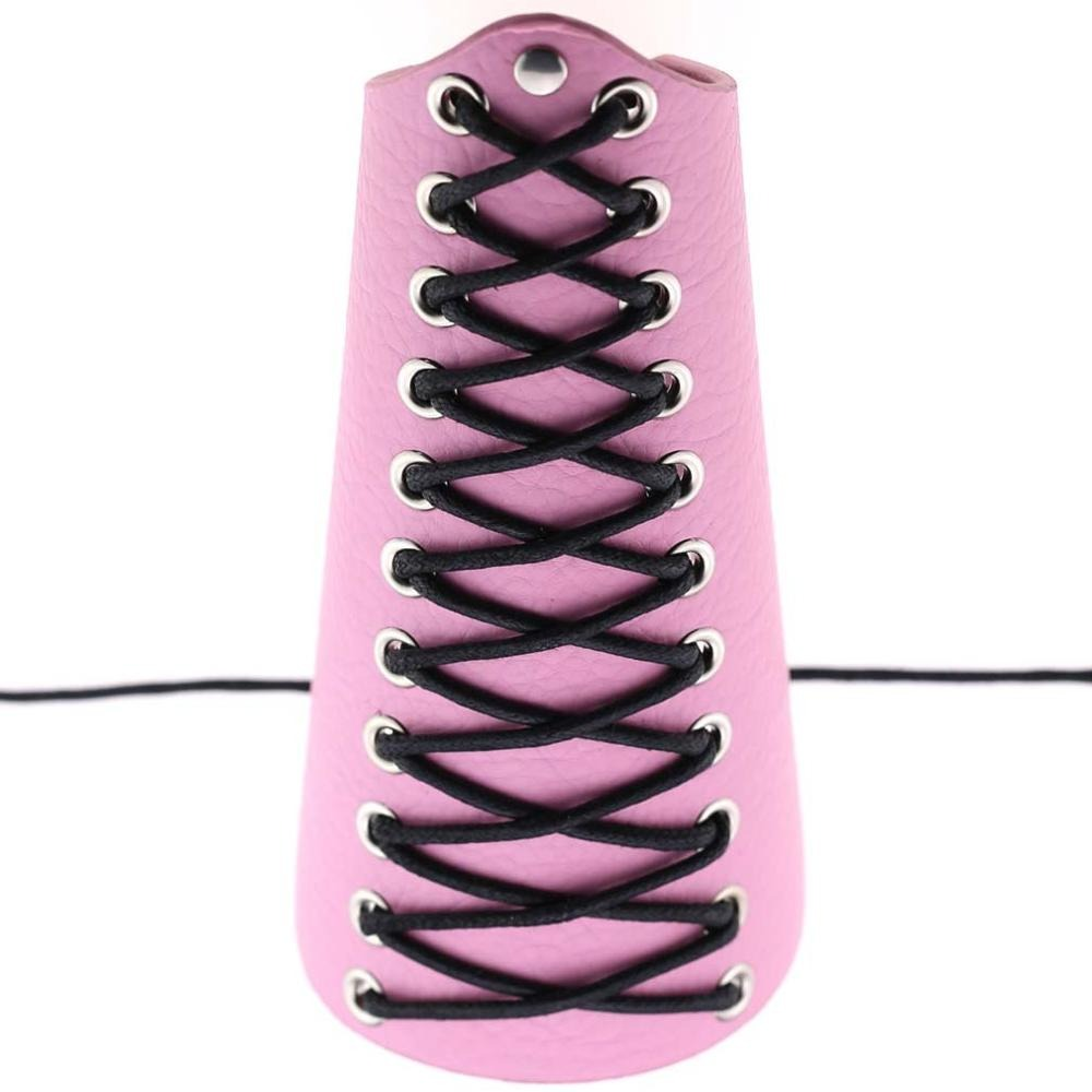Pink punk lace up PU leather bracelet with black laces and silver rivets, stylish unisex accessory for trendy outfits.