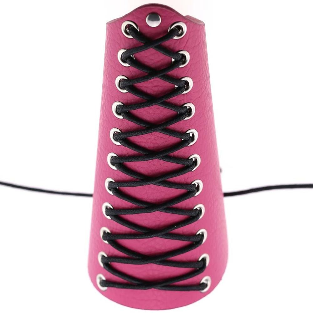 Punk pink PU leather bracelet with black laces and silver rivets, perfect for unisex fashion outfits.