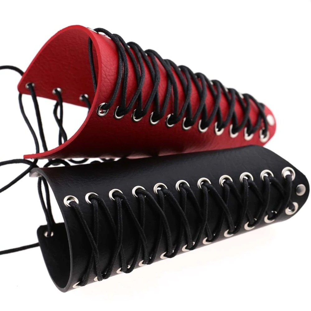 Punk lace-up PU leather bracelets in red and black, stylish unisex arm bangles perfect for punk outfits.