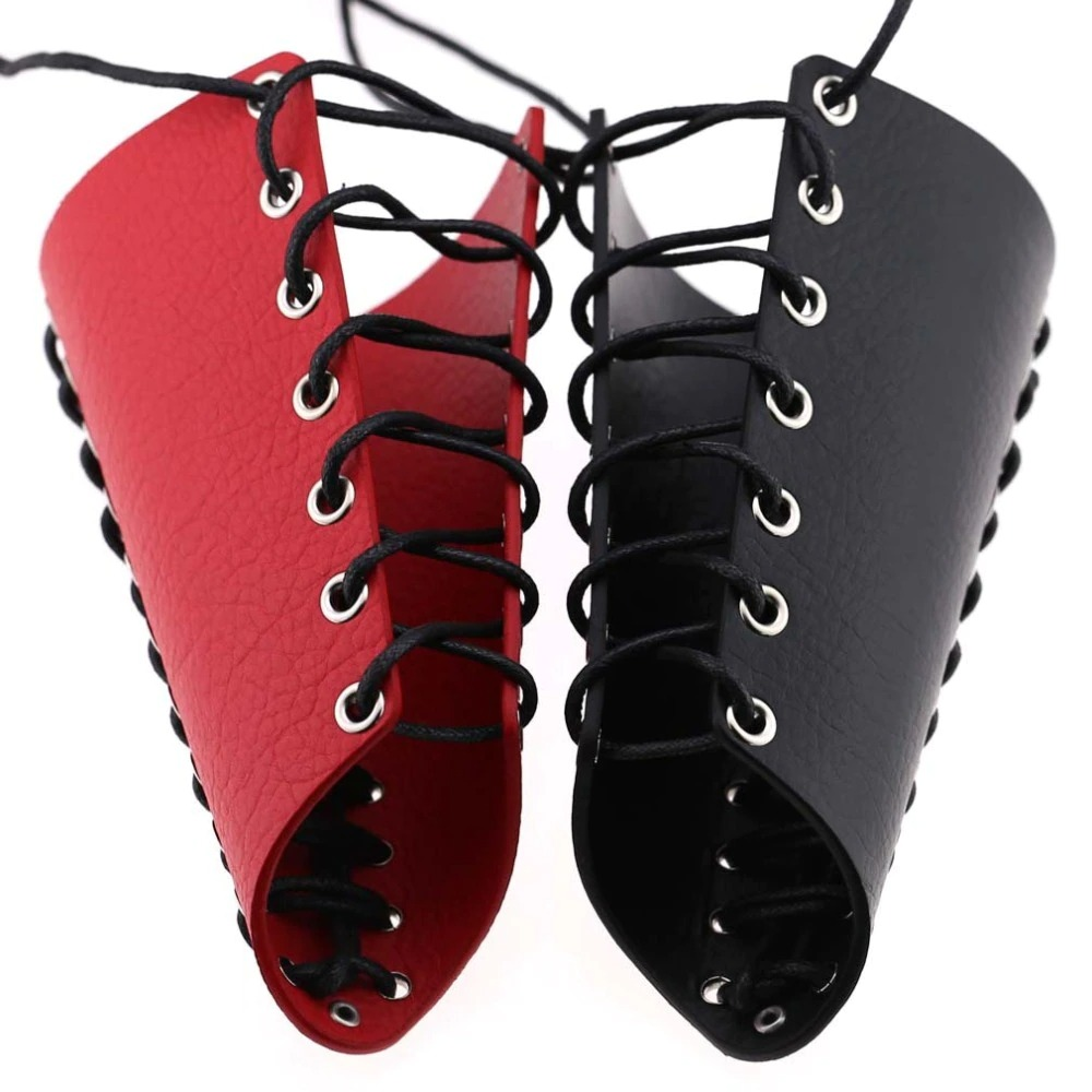 Punk lace-up PU leather bracelets in red and black, featuring eyelets and laces for a trendy unisex look.
