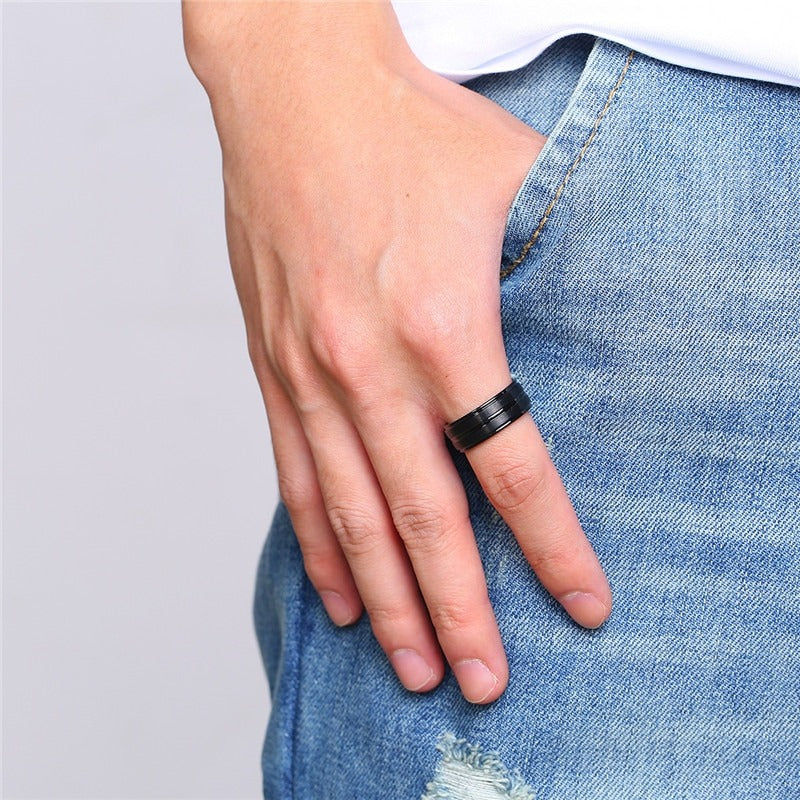 Punk Matte Stainless Steel Ring with Groove / Black Men's Jewelry / Rave outfits - HARD'N'HEAVY