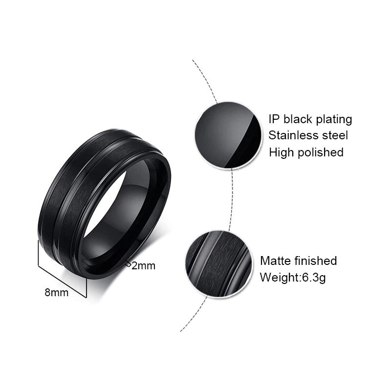 Punk matte stainless steel ring with groove, black finish, polished inside, perfect for men's jewelry and rave outfits.