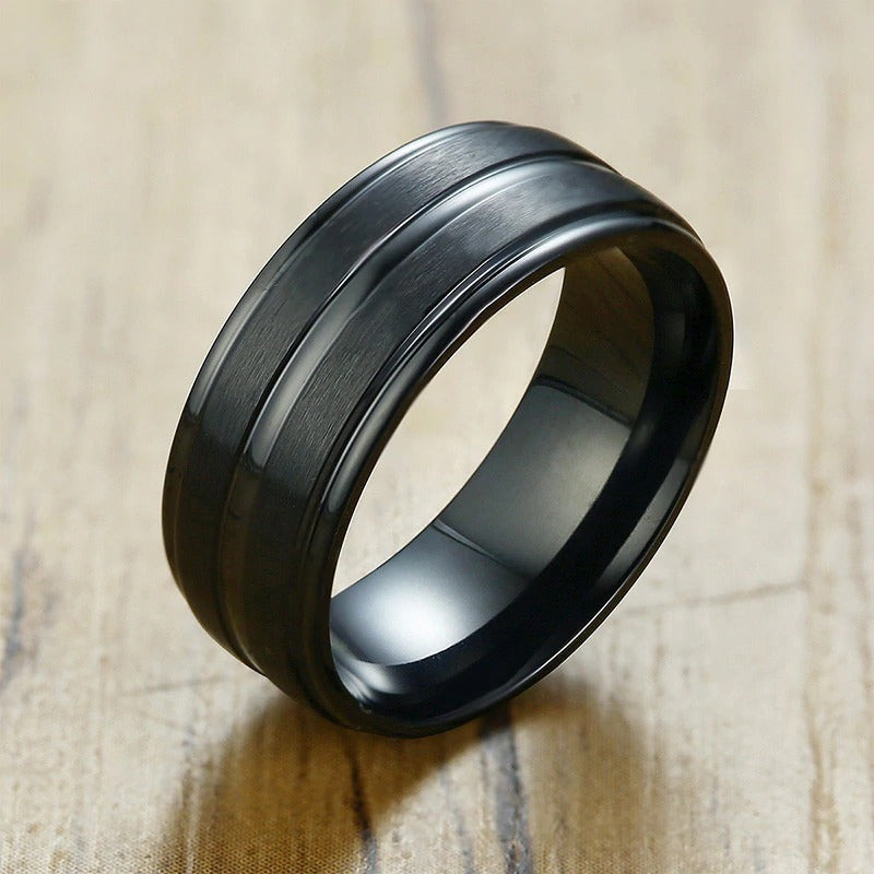Punk matte stainless steel ring with groove, black finish, stylish alternative jewelry for men, ideal for rave outfits.