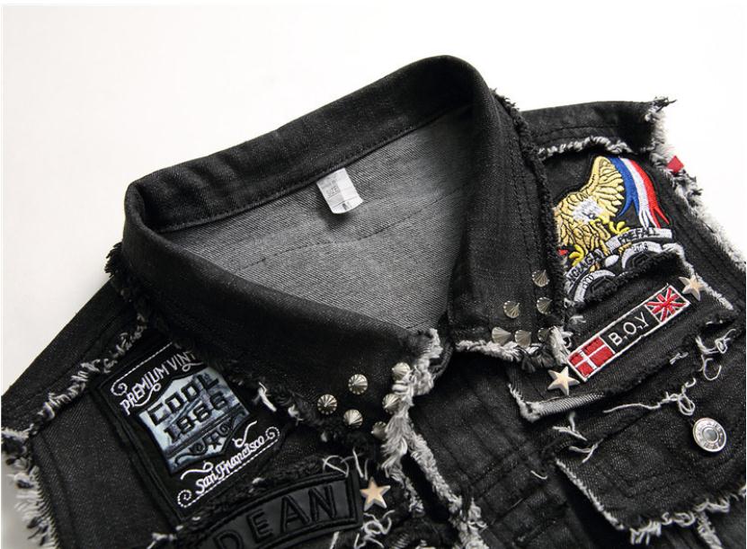 Punk Men Denim Vests / Black Rock Style Skull Embroidery Waistcoat / Punk Rock Clothing - J2861 - HARD'N'HEAVY