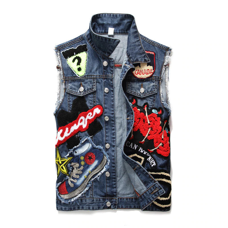 Punk Men Denim Vests / Black Rock Style Skull Embroidery Waistcoat / Punk Rock Clothing - J2862 - HARD'N'HEAVY