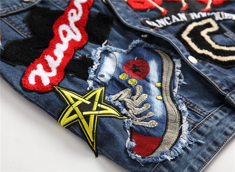 Punk Men Denim Vests / Black Rock Style Skull Embroidery Waistcoat / Punk Rock Clothing - J2862 - HARD'N'HEAVY