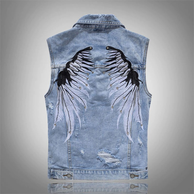 Punk men denim vest with cool wing embroidery and distressed style, perfect for standout rock fashion.
