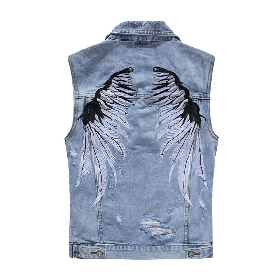 Punk men ripped denim vest with unique wing embroidery, perfect for a bold and stylish look.