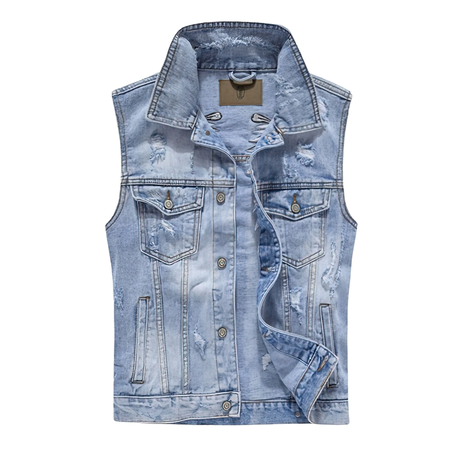 Punk men's ripped denim vest in faded blue with stylish patches and sleeveless design, perfect for standout outfits.