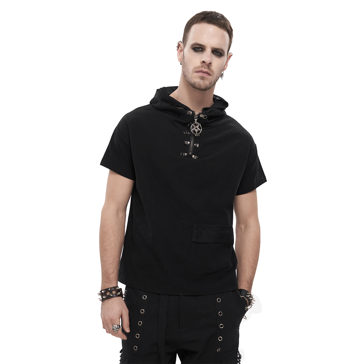 Punk men's black hoodie with lace-up back and pocket, showcasing edgy fashion style.