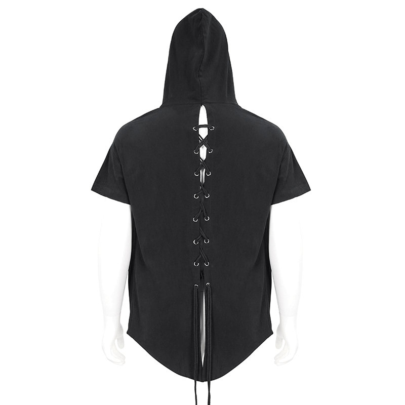 Punk Men's Hoodie with Lace-Up Back / Male Black Short Sleeves Hoodie with Pocket