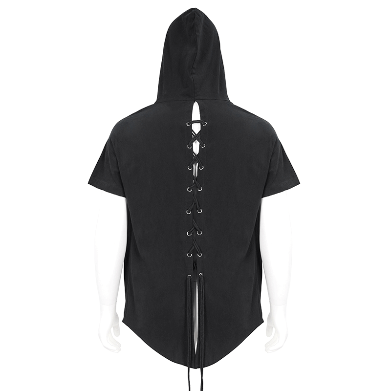 Back view of a black punk hoodie with lace-up details and a hood, showcasing short sleeves and stylish design.