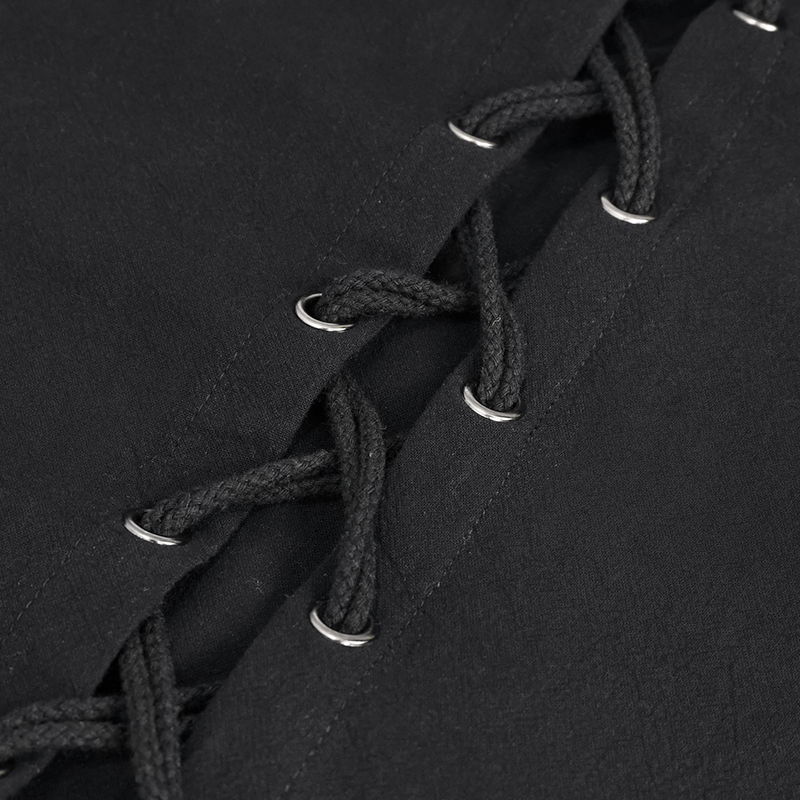 Close-up of lace-up detail on a black men's punk hoodie, showcasing the chic fashion design and edgy style.