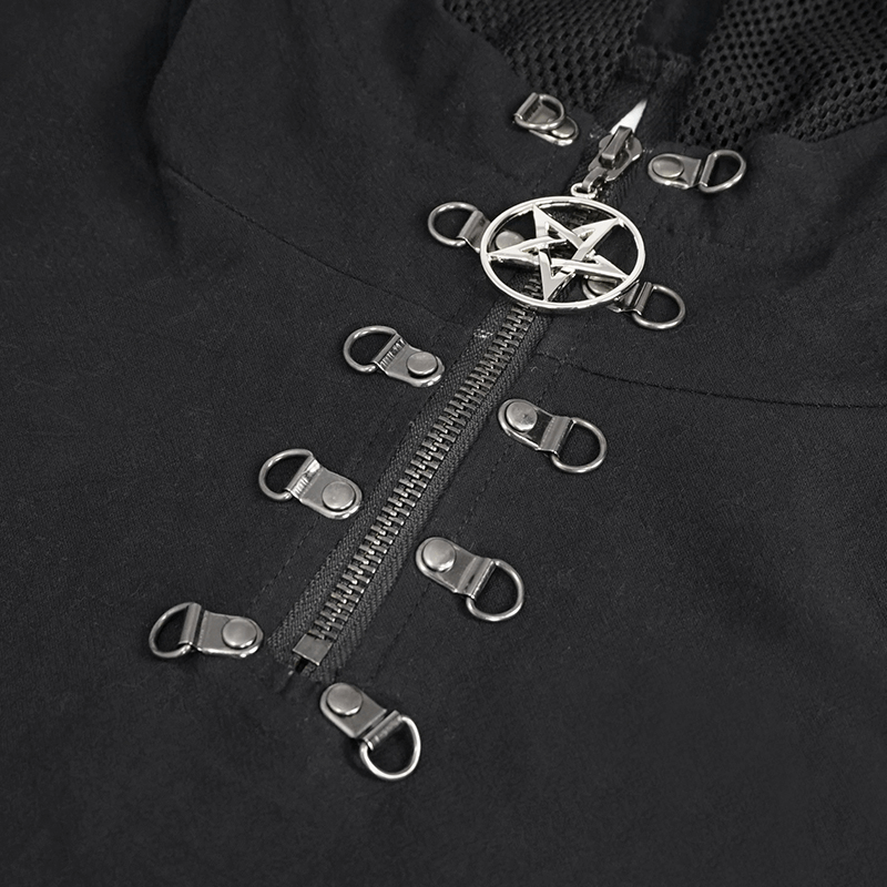 Close-up of a black hoodie featuring lace-up details and a stylish pentagram pendant.
