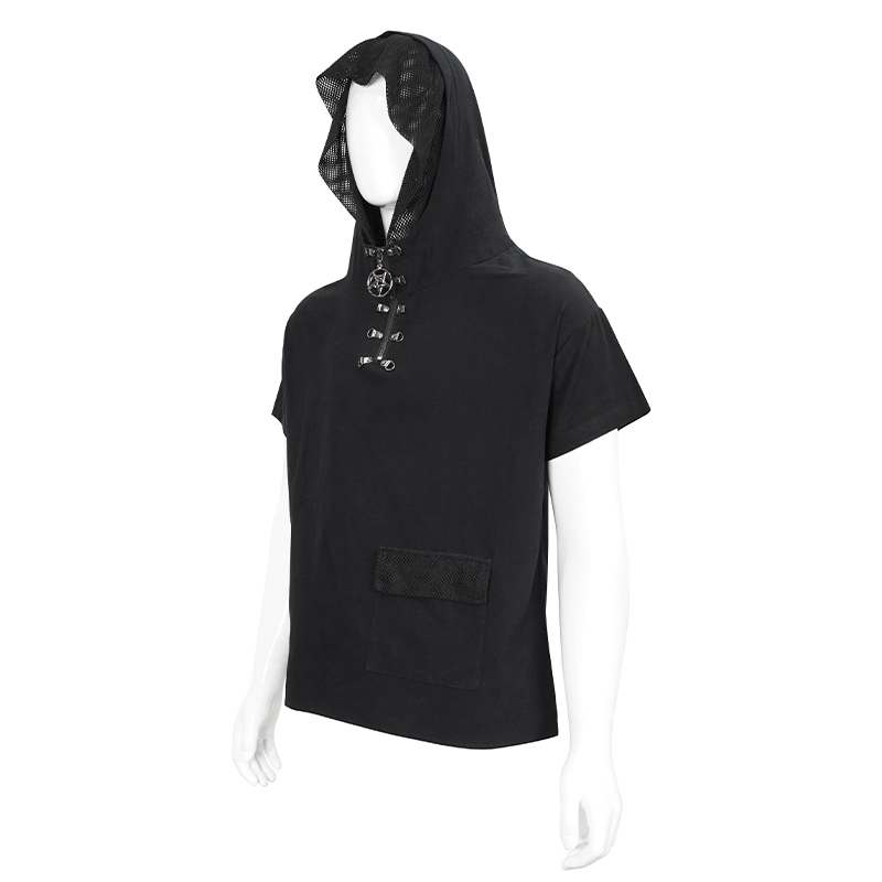 Men's punk black hoodie with lace-up back and pocket, perfect for stylish and edgy outfits.