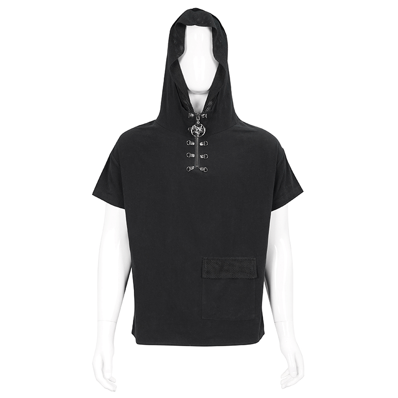 Punk men's black hoodie with lace-up back and short sleeves, featuring a stylish pocket.