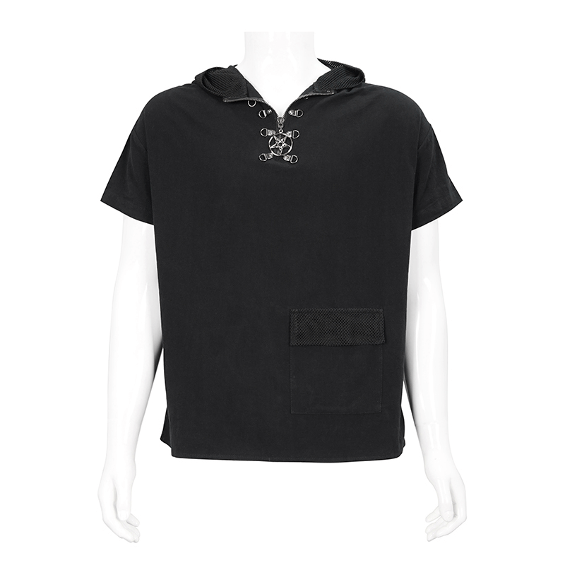 Stylish punk men's black hoodie with lace-up back and pocket, perfect for creating trendy outfits.