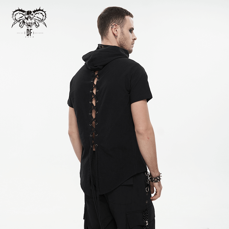 Men's black punk hoodie with lace-up back and short sleeves, perfect for stylish streetwear outfits.
