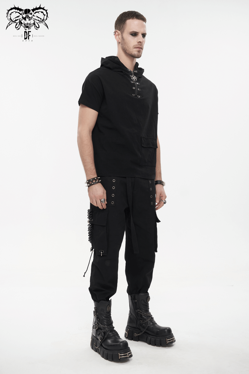 Punk men's black short sleeves hoodie with lace-up back and pocket, paired with stylish cargo pants and combat boots.