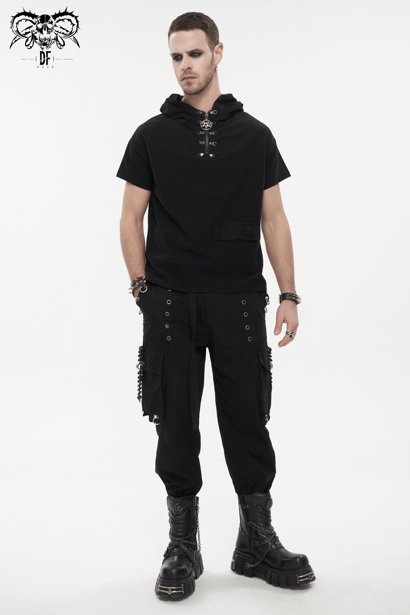 Punk men's black hoodie with lace-up detail, short sleeves, and pocket, styled with matching trousers and boots.