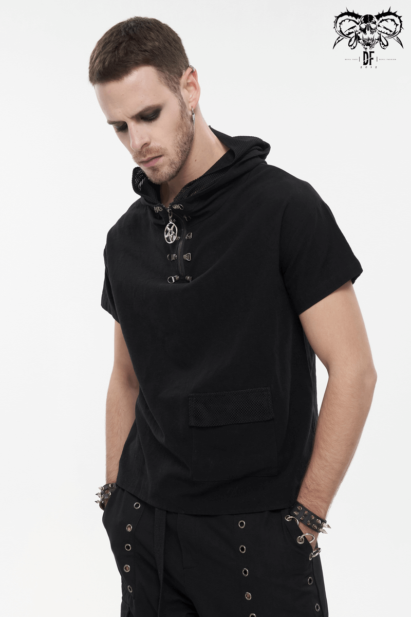 Men's black punk hoodie with lace-up back, short sleeves, and pocket for stylish outfits.