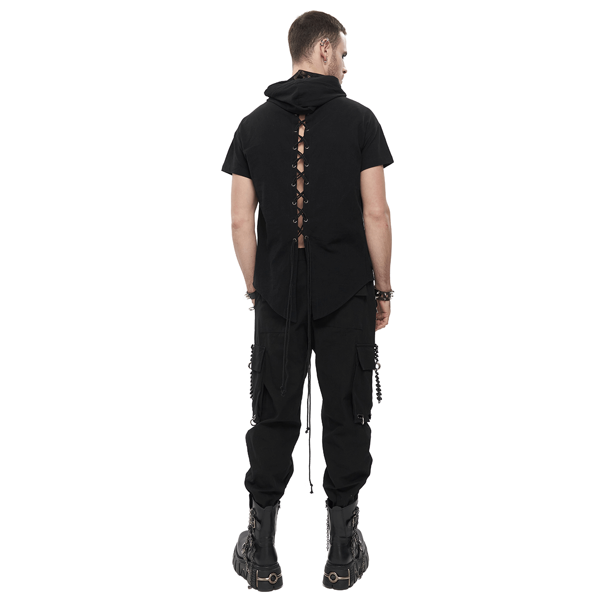 Punk men's black hoodie with lace-up back, paired with cargo pants and boots for a stylish look.