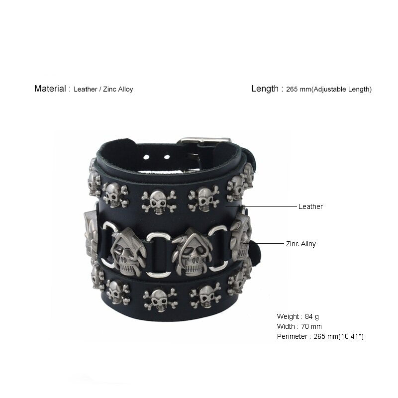 Punk Men Skull Genuine Leather Wide Bracelet / Gothic Cool  Bracelets / Rock Accessories - HARD'N'HEAVY