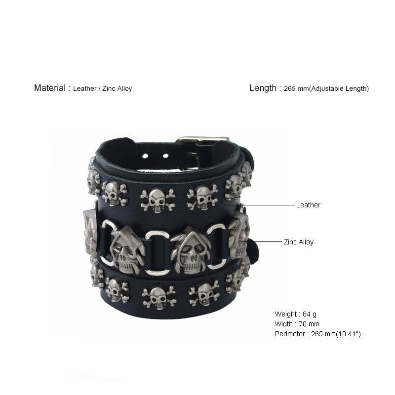 Punk men skull leather wide bracelet with silver skull charms and adjustable length for stylish rock accessory.