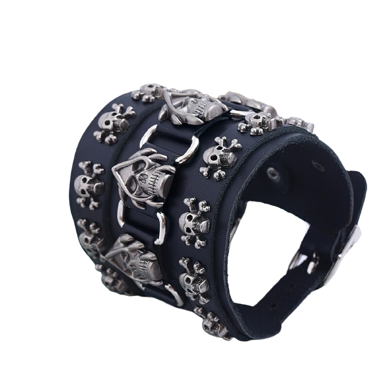 Punk men skull leather bracelet with silver skull charms, perfect for gothic and rock style accessories.