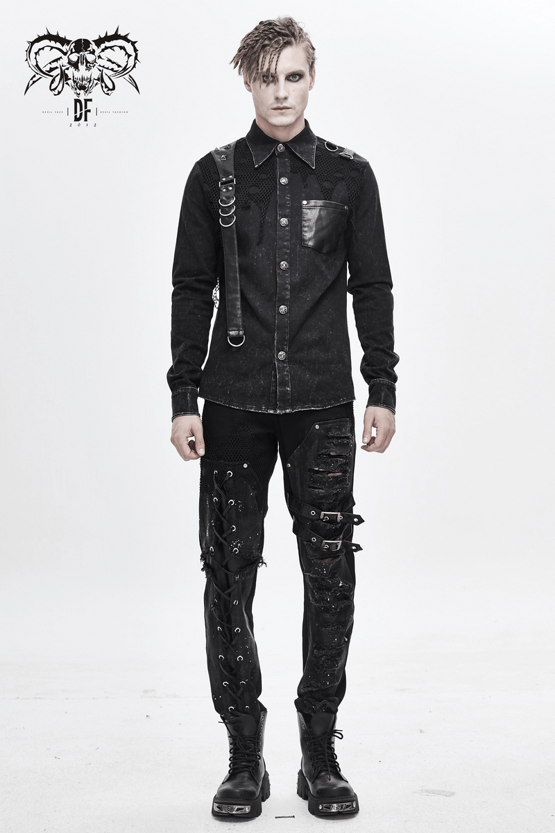 Punk Men's Black Shirt With PU Leather Flaps & Torn Mesh / Gothic Male Clasps & Rivets Shirts - HARD'N'HEAVY