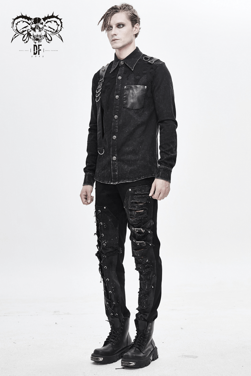 Punk Men's Black Shirt With PU Leather Flaps & Torn Mesh / Gothic Male Clasps & Rivets Shirts - HARD'N'HEAVY