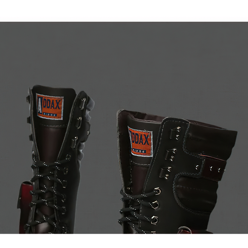 Close-up of punk men's leather motorcycle boots featuring laces and stylish pockets for a bold look.