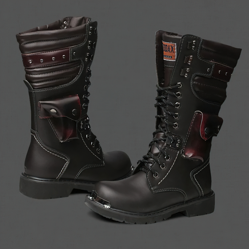 Punk men's leather knee-high motorcycle boots with stylish side pocket and lace-up design.