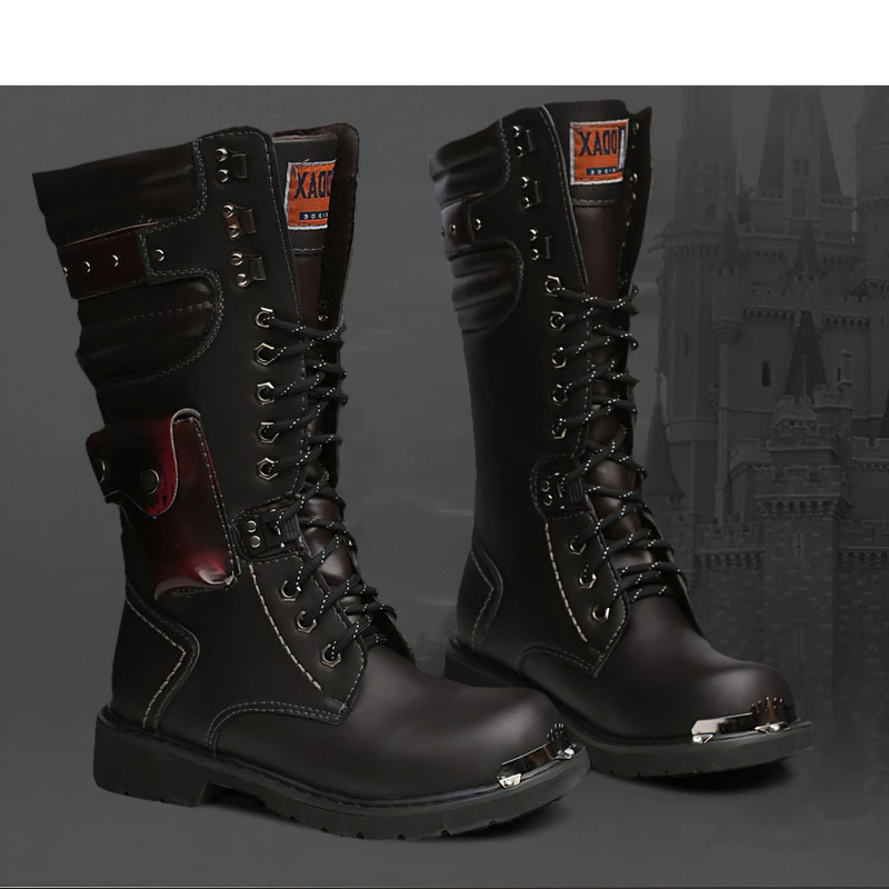Punk Men's Genuine Leather Boots with Pocket / Lace up Motorcycle Boots / Knee-High Boots - HARD'N'HEAVY
