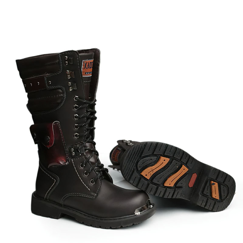 Punk men's leather motorcycle knee-high boots with stylish pockets and laces for a perfect fit.